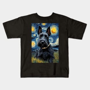 Adorable Scottish Terrier Dog Breed Painting in a Van Gogh Starry Night Art Style Kids T-Shirt